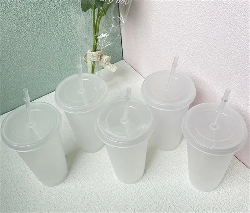 24oz Clear Cup Plastic Transparent Tumbler Summer Reusable Cold Drinking Coffee Juice Mug with lid and straw