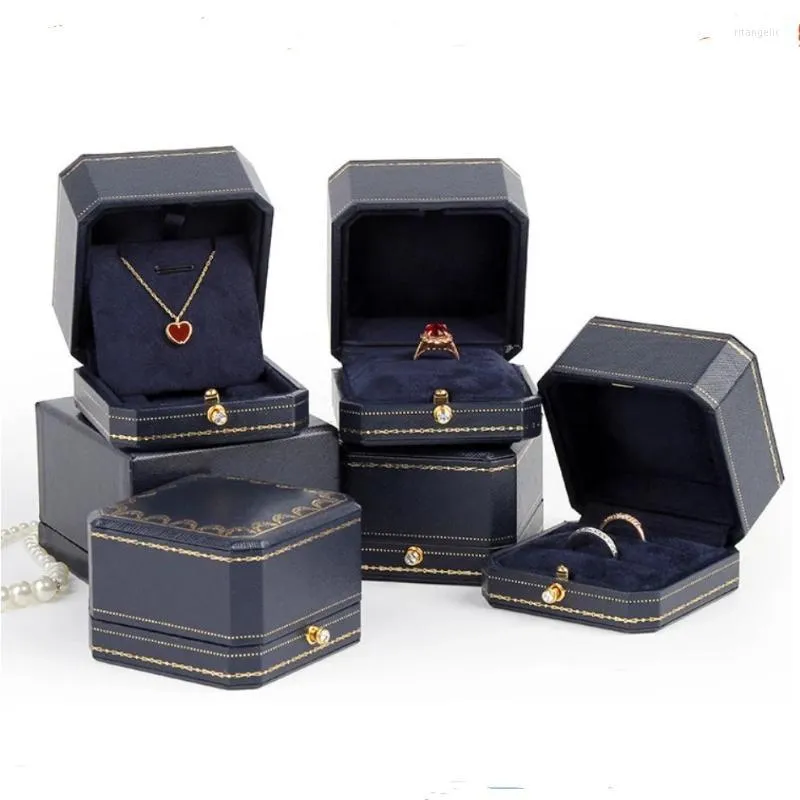 Jewelry Pouches Bags Gift Boxes Packing For Diamond Wedding Ring Case Octagonal Blue Paper Pendant Necklace Organizer Holder Rita22