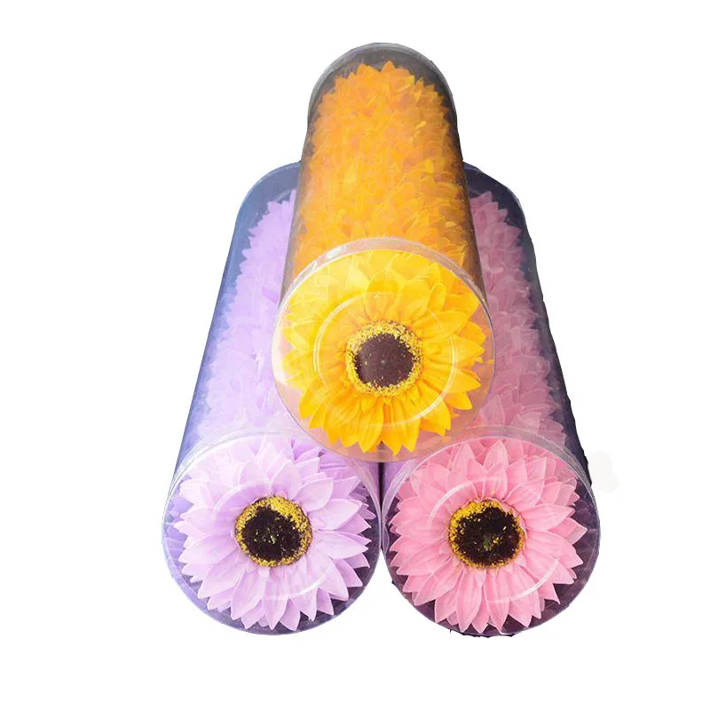 Handgemachter 25-teiliger Sonnenblumen-Seife-Blumenkopf-Blumenstrauß mit PVC-Box, Dekor, DIY, Hochzeit, Weihnachten, Zuhause, Blumenzubehör