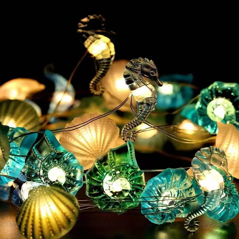 Nautical Theme Decoratieve String Lights Beach Ocean Light Seahorse Conch Seashell Verjaardagsfeest Decoratieve batterij Powered 2m 3m 4m 5m