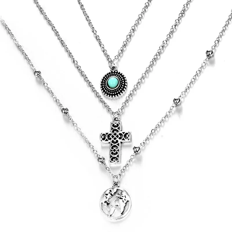 Collana multistrato retrò Boho Mappa colore argento Croce Collana con pendente in pietra naturale blu Accessori per gioielli da spiaggia per donna