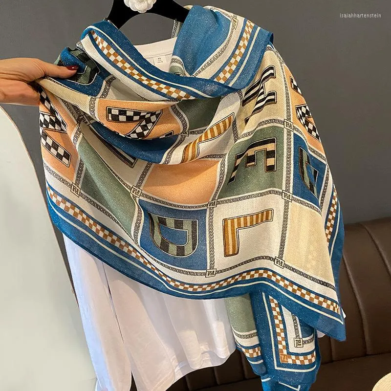 Bufandas de marca de diseñador, Bufanda larga de seda para mujer, Pañuelo de algodón y lino para la cabeza, chales ligeros con protección solar, Bufanda con estampado de letras