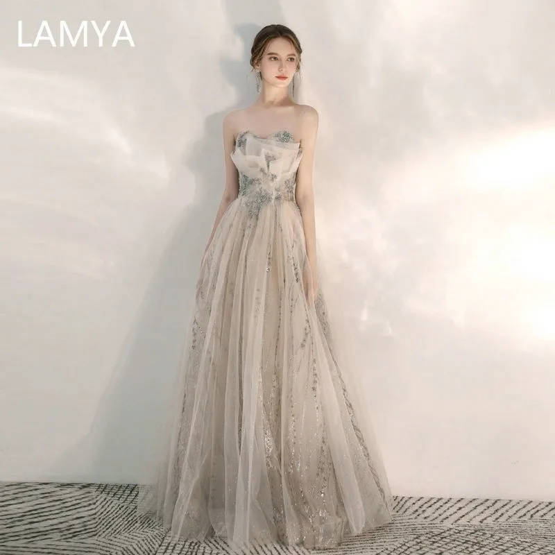 Lamya Robe de Soiree Sparkleイブニングドレス長いAラインの恋人フォーマルな女性エレガントガウンガウンw220421