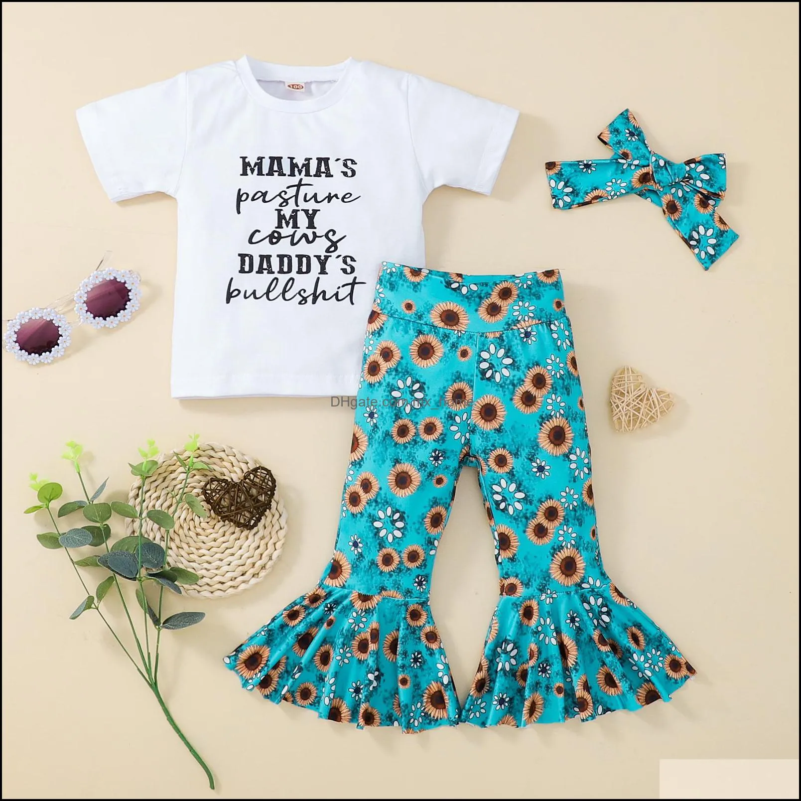 kids clothing sets girls outfits children letter print tops sunflower print flared pants headband 3pcs/set summer fashion baby clothes