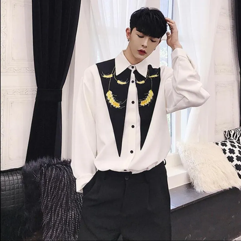 Men's Casual Shirts Models Personality Black And White Splice Color Embroidery Men's Loose Long-sleeved Shirt Nightclub Hair Stylist You