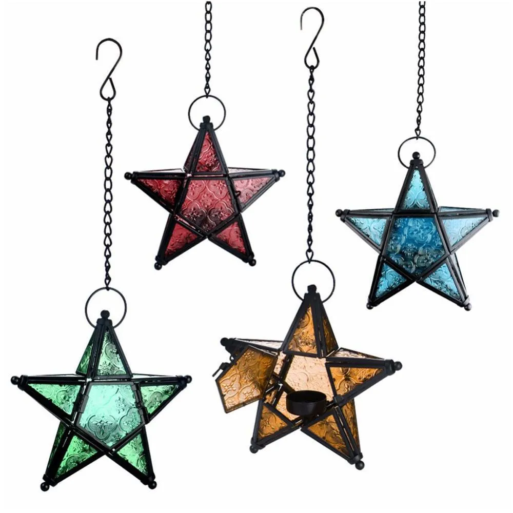 Moroccan Stained Glass Star Lantern Candle Holder Hanging Metal Tealight Lantern for Home Patio Garden Wedding Decoration