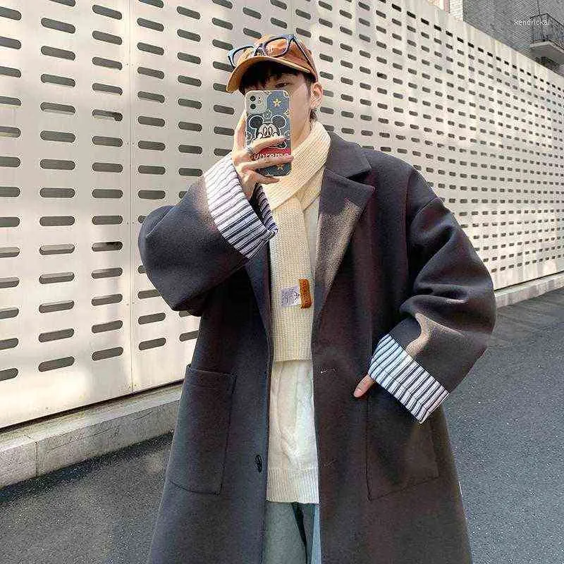 Herr ull blandar höst vinter män ull trenchrock rand manschett koreansk stil streetwear hög kvalitet tjock varm trenchcoat man 3xl-m k t220810