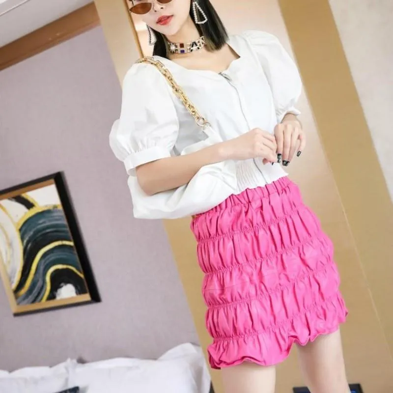 Skirts Sexy Design Wrap Mini Skirt Women Genuine Leather Elastic Waist Pleated Summer Solid Color Fashion High Bud SkirtsSkirts