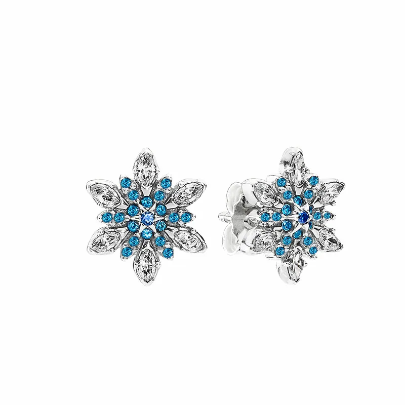 Sparkling Blue snowflakes Stud Earrings 925 Stelring Silver Womens Wedding gift designer jewelry with Original box set for Pandora earring