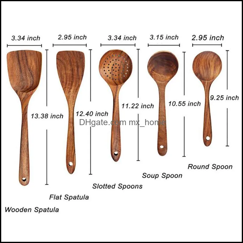 5PCS Wooden Spoons For Reusable Wood Kitchen Utensils Set Wooden Turner Spatula Rice Spoon Big Soup Scoop For Cooking Utensils