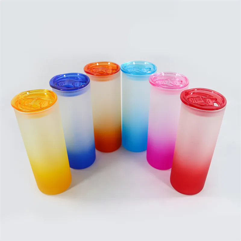 25oz Straight Sublimation Gradient Glass Tumbler Thermal Transfer Water Bottle With Colour Lid & Plastic Straw Outdoor DIY Sports Drinking Cups B6