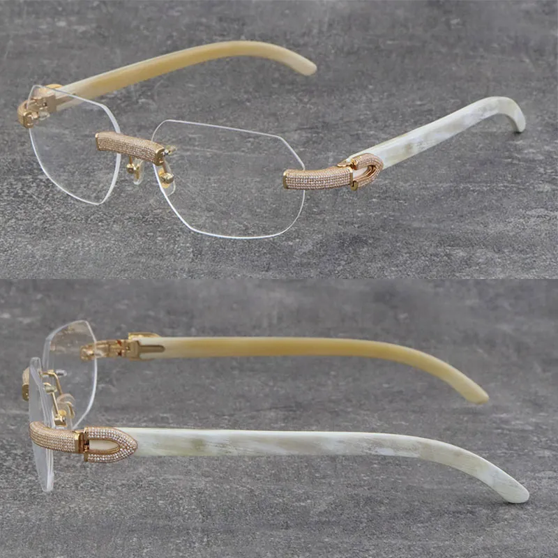 2022 Metalen Randloze Witte Echte Natuurlijke Hoorn Frames 3524012 Eyewear Micro-geplaveide Diamant Set Bril Mannen Vrouwen Met C Decoratie Rotsen Draad 18K Gouden Frame Brillen