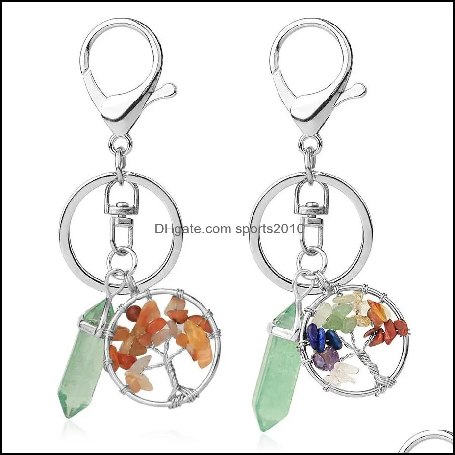 Konst och hantverk Natural Stone Tree of Life Key Rings Green Fluorite Hexagonal Prism Keychains Healing Rose Crystal Car Deco Sports2010 DHHMG