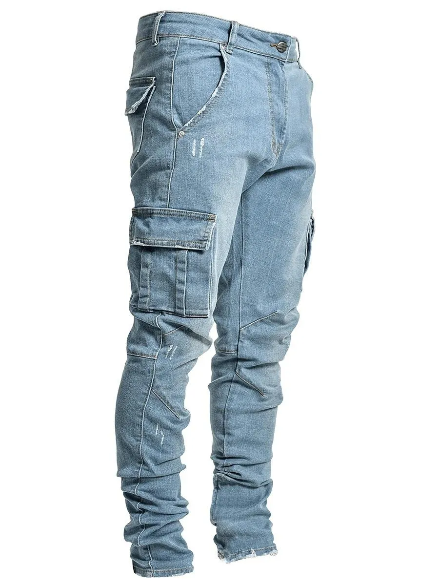 Qnpqyx nowe dżinsy męskie spodnie swobodne bawełniane dżinsowe spodnie multi kieszeni ładunki męskie mody mody ołówkowe kieszenie boczne