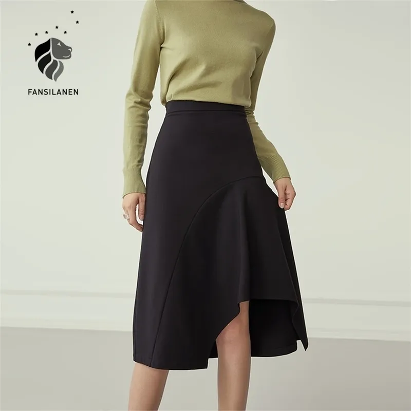 Fansilanen asymmetrische ruche elegante zwarte lange rok vrouwen hoge taille herfst sexy aline rok vrouwelijke slanke vintage rok 210306