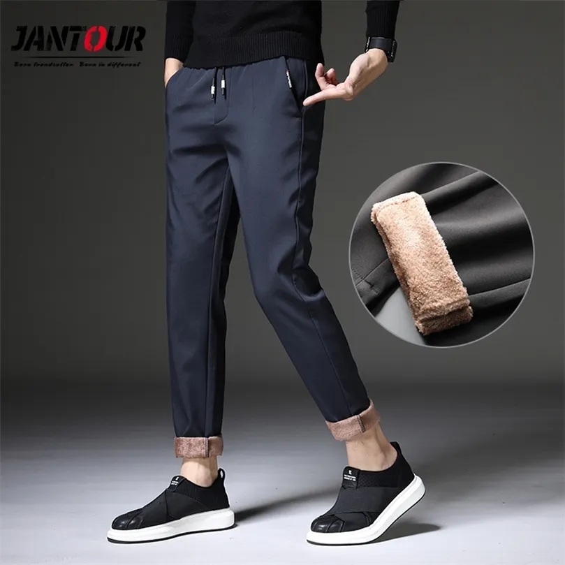 Mens Winter Fleece Warm Pants Men Korean Casual Slacks Slim Warm Thick Pants for men fashion Black Gray Trousers Male 201128