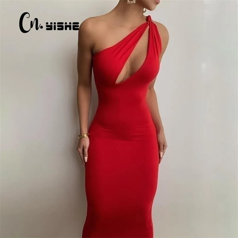 Cnyishe One Shoulder Bodycon Mante Midi Party Dresses For Women Summer Sleeveless Outfits Sexy Hollow Out Dress Female Vestidos 220507