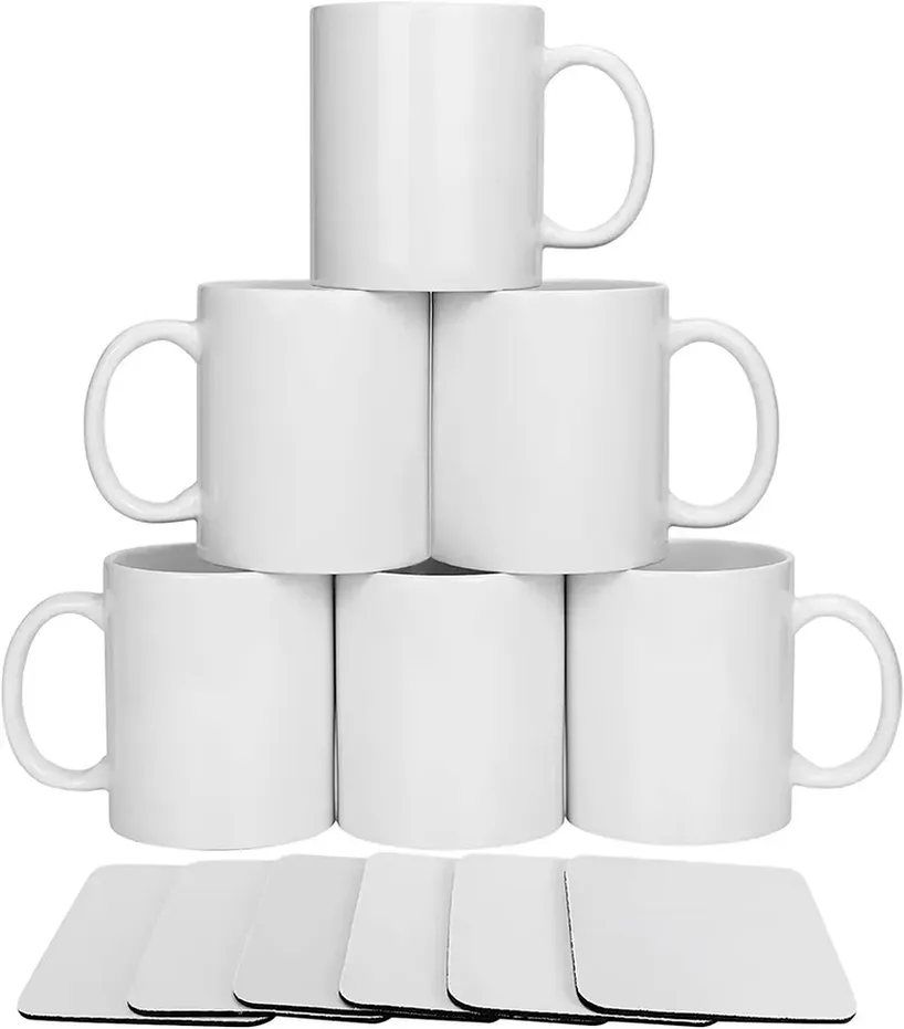 Vit sublimering Blank Kaffe Koppar + 6PCS Sublimation Cup Coaster 11oz Tea Choklad Keramisk Cups- DIY Porslin Classic Kaffe Mugg SXA14