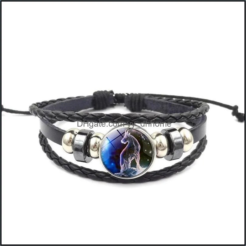 12 constellation jewelry with glass cabochon scorpio gemini zodiac signs bracelet handmade leather bracelet bangle for unisex