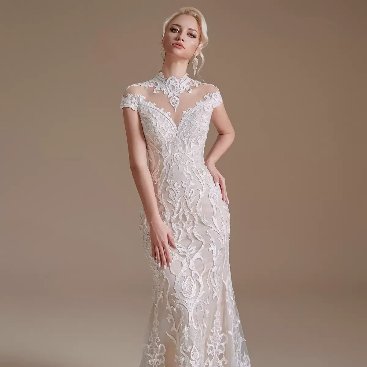 2022 Vestido De Noiva Lace Wedding Dresses For Women Sleeveless High-Neck Beads Crystal Bridal Gowns Mariage Bride Dresses CPS1990