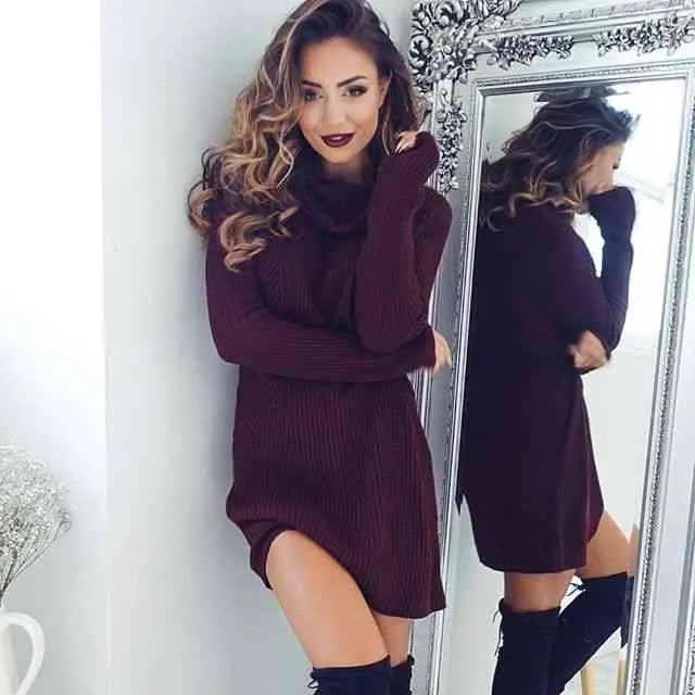 Moda invierno otoño mujer Casual manga larga puente cuello alto suéteres vestido