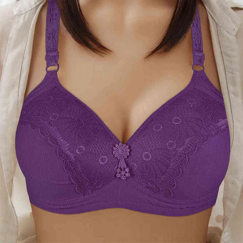 Large Size Women Rimless Bra Thin Die C D Cup Middle Age Adjustable Bras  Solid Color Lace Sexy Breathe Gather Wire Free Bra L220726