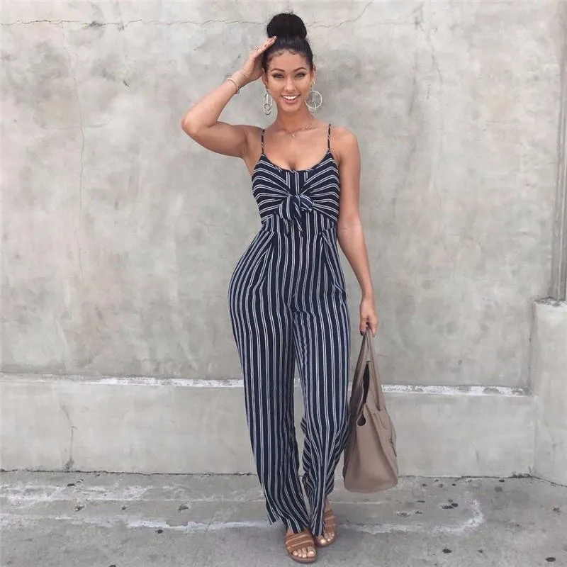 Kadın Tulumları Saldırılar Yaz Mavi Bodycon Sırtsız Stripe Kadın Seksi Parti Küpe Giyim Günlük Bowtie Tulum Delik Tulum