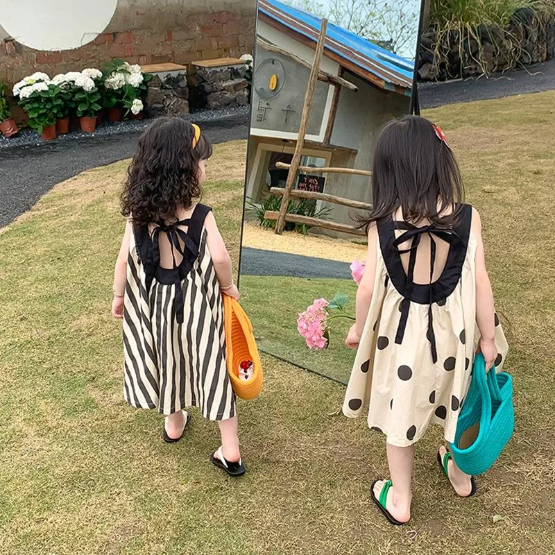 Girl's Dresses Girls' Striped Polka Dot Camisole 2022 Summer Korean Style Children Straps Lace-up Dress Vest DressGirl's