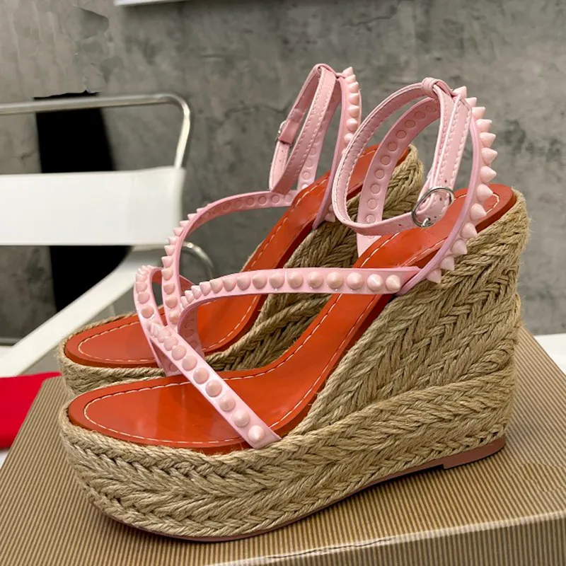 newest pink sandals luxury designer Taper spike Willow nail decoration Genuine leather wedge shoes Top quality 12CM high heeled womens Slope heel sandal 35-42