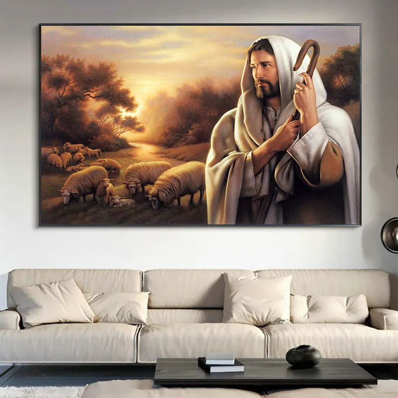 Cartazes e impressões de parede Jesus pastoreando as pinturas de navio impressas em fotos de decoração de casa para sala de estar
