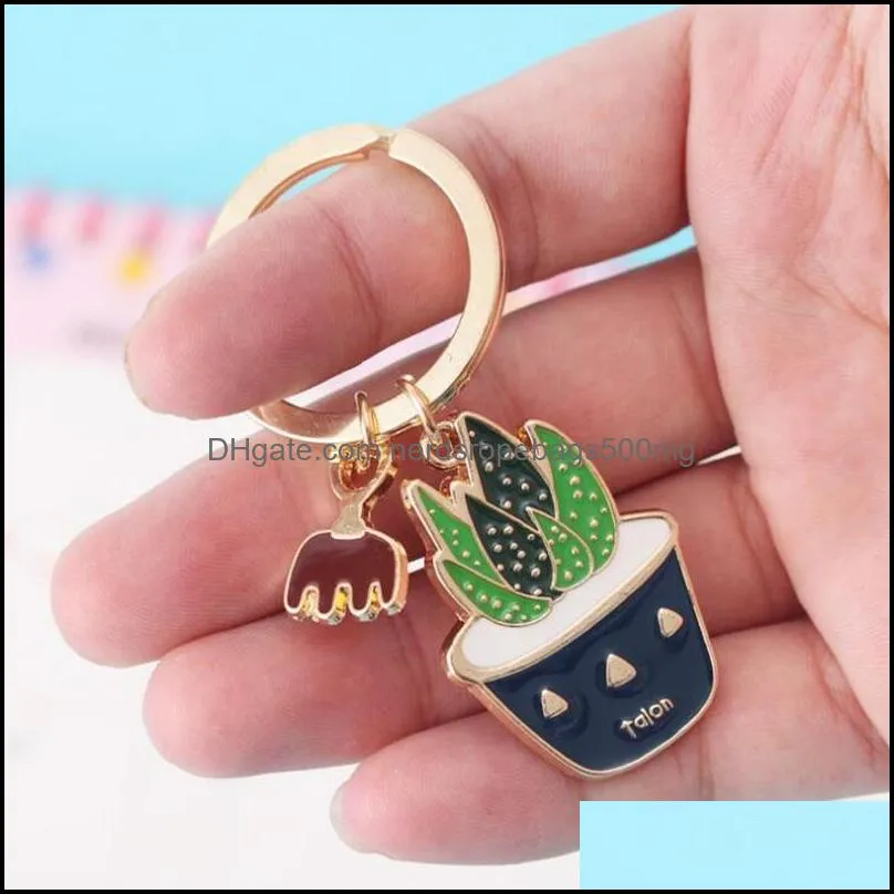 Enamel Cactus keychains women Succulent Potted keychain beach style hat rings creative car key holder cute key finder bag rings 214 S2