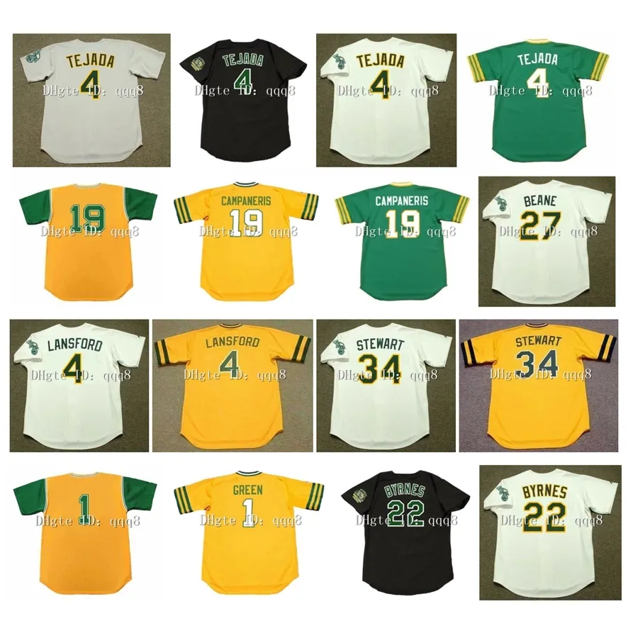 Na85 Vintage 4 Miguel Tejada 19 Bert Campaneris 27 Billy Beane 4 Carney Lansford 1 Dick Green 22 Eric Byrnes 34 Dave Stewart White Green