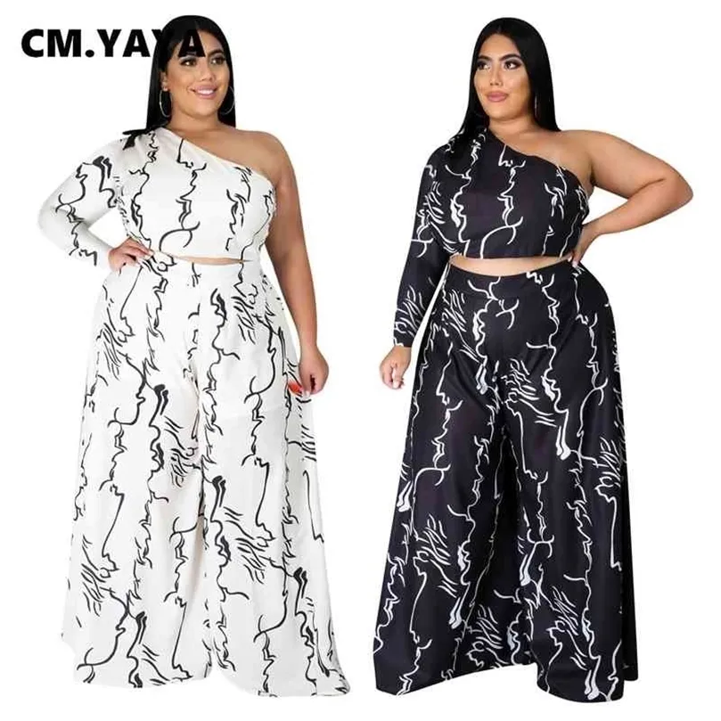 CMYAYA Tallas grandes XL-4XL Chándal Conjunto de mujer Un hombro Crop Top Pantalones rectos Conjunto Chándal activo Conjunto de dos piezas 210331