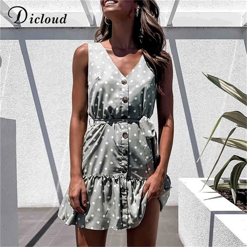 DICLOUD Casual Polka Dot Sleeveless Summer Beach Sundress V Neck Button Up White Green A Line Dress With Waist Tie Ladies LJ200812