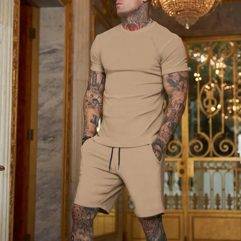 Men's Tracksuits Summer Men's Tracksuit Casual Suit Soild Color Short Sleeve T Shirt Shorts Male Brand Clothing 2 Piece SetsMen's
