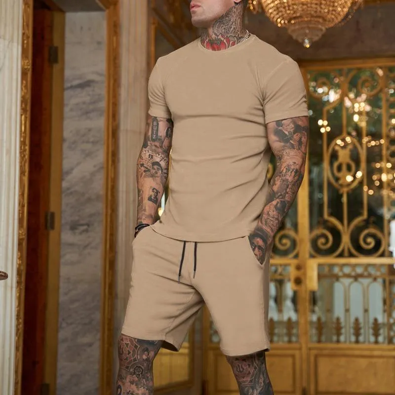 Survêtements pour hommes été survêtement pour hommes costume décontracté couleur unie à manches courtes t-shirt Shorts hommes marque vêtements 2 pièces ensembles pour hommes