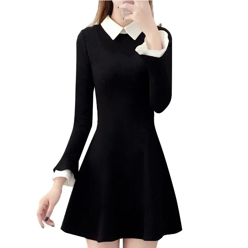 Casual Dresses Svart klänning med vit krage Business Office Female Ladise Shool Social V2471