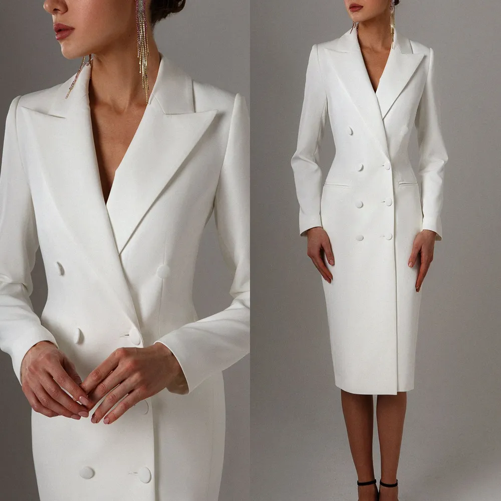 Simple blanc double poitrine de la mariée des robes de mariée Femme Blazer Femmes Long veste costumes dames longue longue