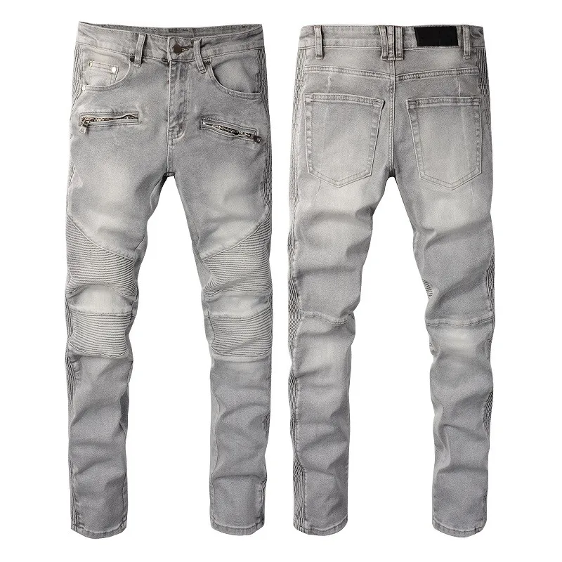 Fashion jeans herenontwerper Skinny Rip 2022 Skull Biker voor man grijze denim nood cult rapper distress street plus size lichtblauw lang rechte been met gat met gat