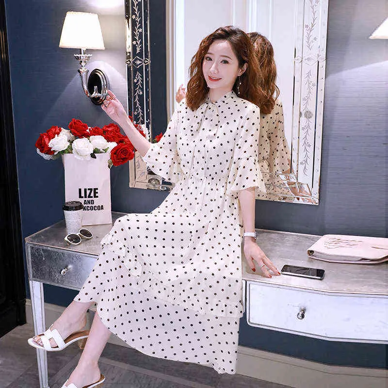 Fashion Printed Pregnant Women Chiffon Dress Short Flare Sleeve Bow Collar Ruffles Patchwork Maternity Polka Dot Dress Wholesale J220628