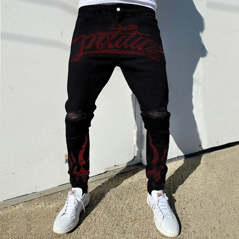 Erkekler Kot 20 Styles Erkekler Esnek Yırtık Sıska Bikter Siyah Yıkılmış Delik Bantlanmış İnce Uygun Yüksek Kaliteli Sokak Punk Denim Kalem Pantolon