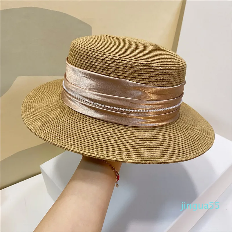 Трава оплетка женщина пляжные колпачки широкий Brim шелковые ленты шляпы жемчуг дизайнеры леди солнечная крышка элегантная ультрафиолетовая шляпа