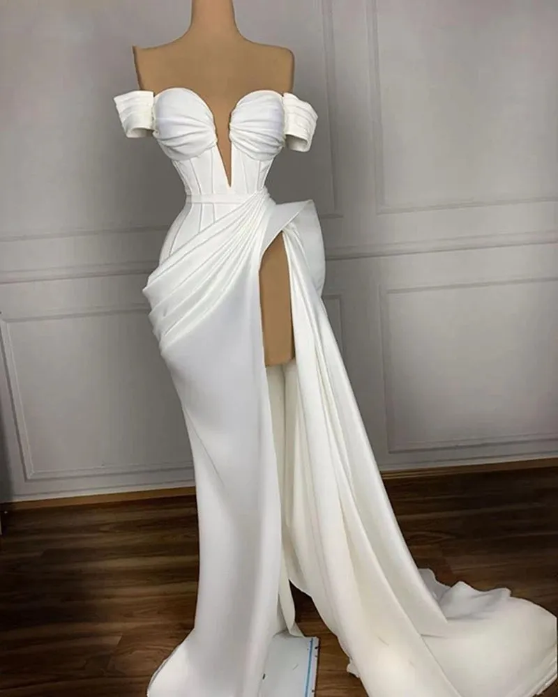 Sexy White Evening Dresses Long 2022 Off Shoulder Satin with High Slit Arabic African Women Formal Party Gowns Prom Dress B0321