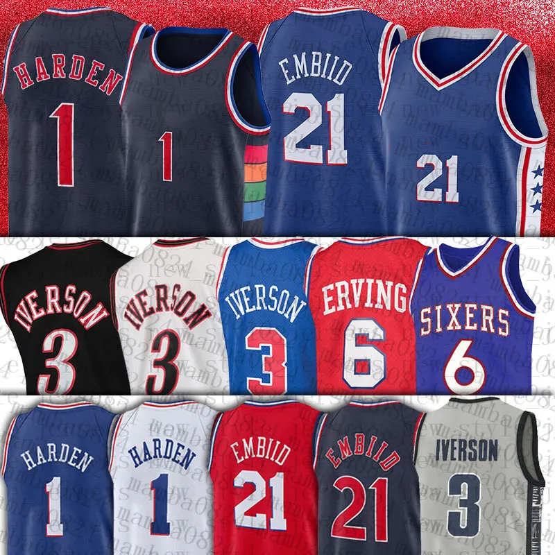 Maglie da basket Harden James 21 Joel 3 Allen Embiid Iverson Julius 6 Maglia Erving