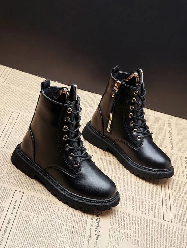 DHgate.com:Boys Black Military Boots with Zipper - Lace-Up