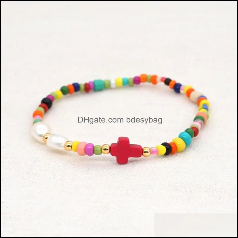 beaded strands christian cross bracelets for women rainbow bracelet freshwater pearl beads pulseras elastic colorful jewelrybeaded