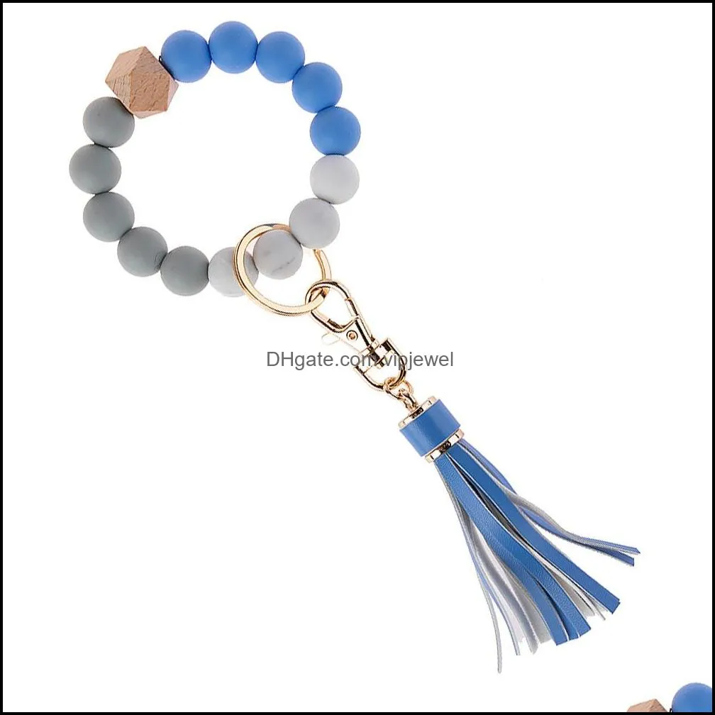 wooden beads wristlet key ring solid color stretchy silicone bracelet keychain with tassel for lady bag pendant q385fz