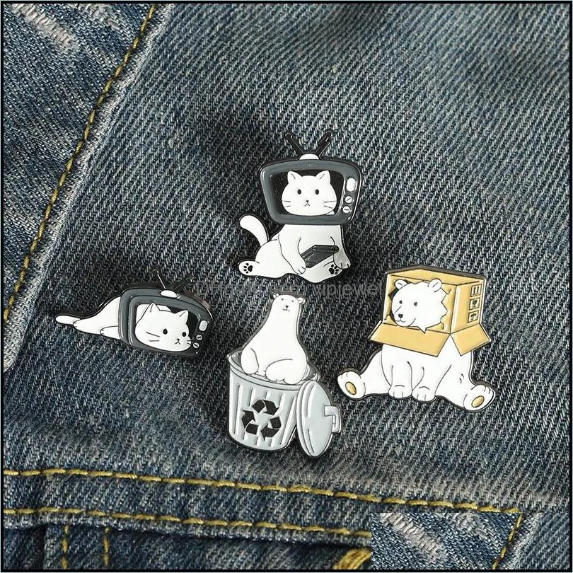 black white tv cat brooch unisex cartoon white bear recycling bin clothes badges lapel pins european alloy animal enamel backpack hat sweater