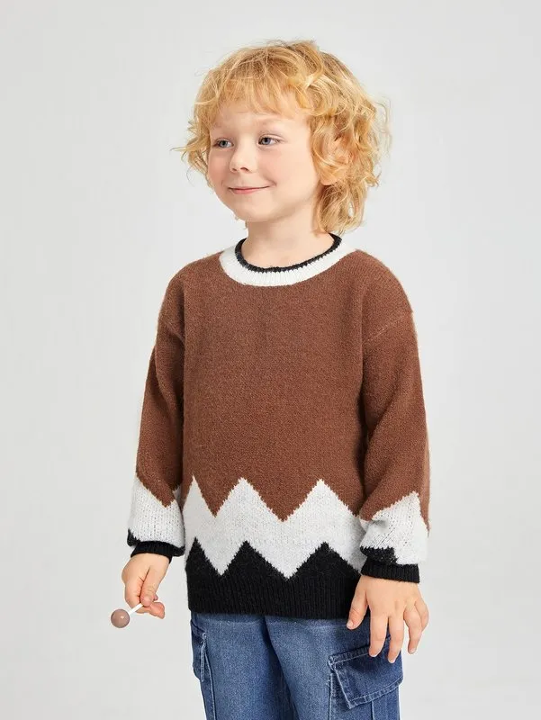 Maglione con spalle cadenti e motivo Chevron a blocchi per bambini SHE