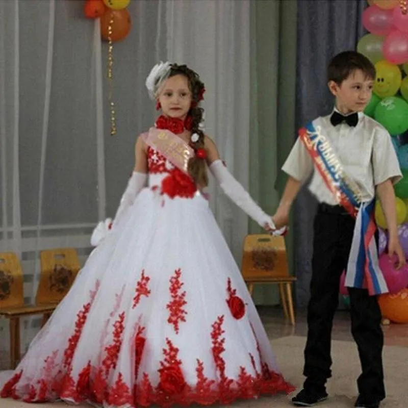 Mädchen Kleider Festzug roter Spitze handgefertigte Blumen Kinder Prinzessin Kleid Blumenmädchen Kleid für Hochzeits Geburtstagsfeier Taufe Vestido High Hals